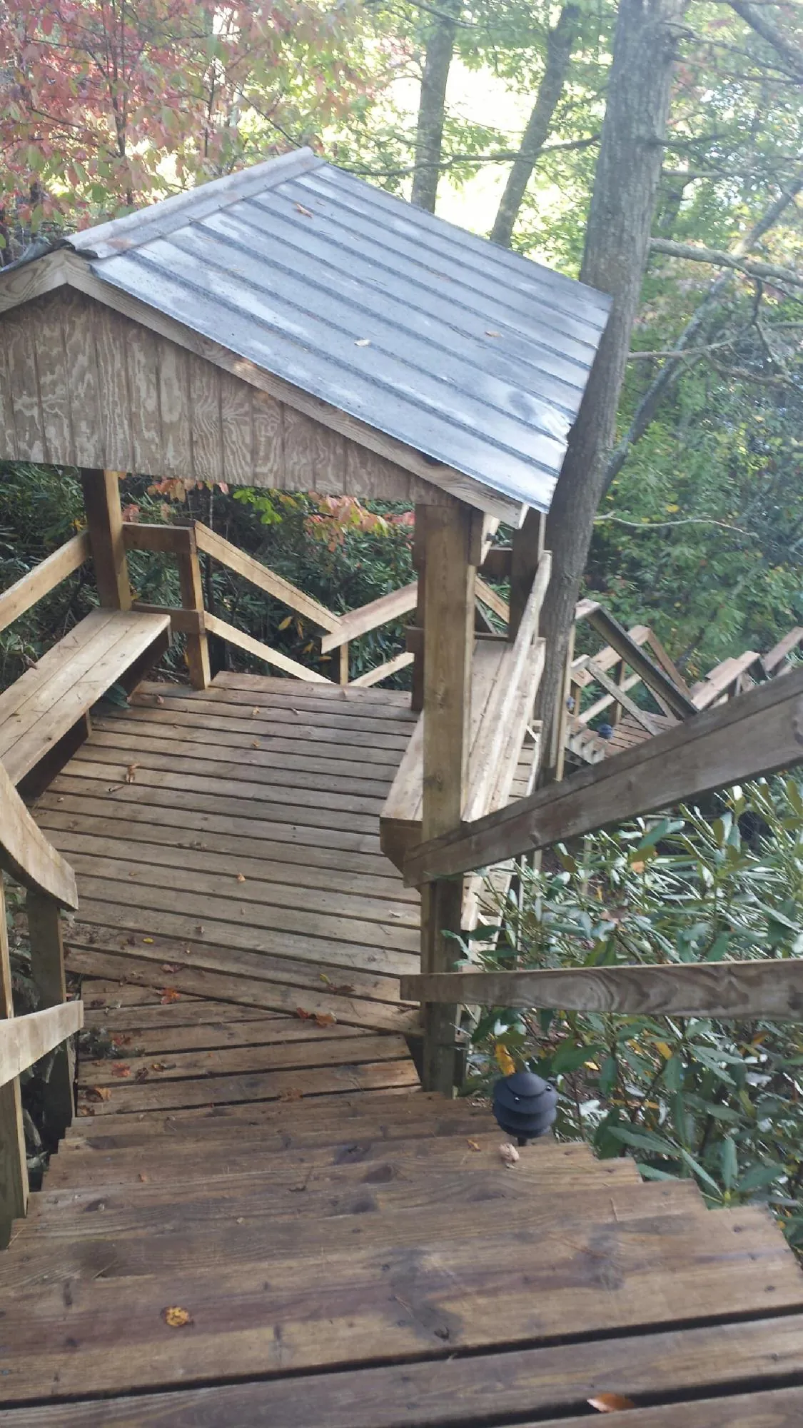 Metal roofed shelter over wooden steps on a wooded walkway — Skylight Repair & Installation work by our crew in Adamstown